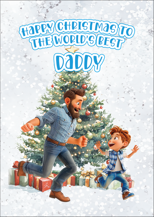 Father and son in front of a Christmas tree with 'Happy Christmas to the world's best daddy' text.