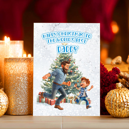 Christmas card with illustration of a father and son in front of a Christmas tree, surrounded by festive decorations.