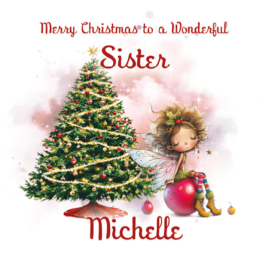 Christmas card with a fairy by a decorated tree, personalized for 'Michelle'.