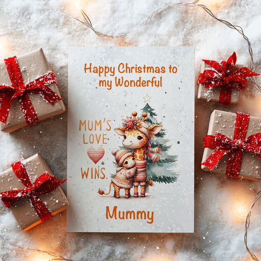 Christmas card with cartoon giraffes, presents, and festive text on a snowy background.