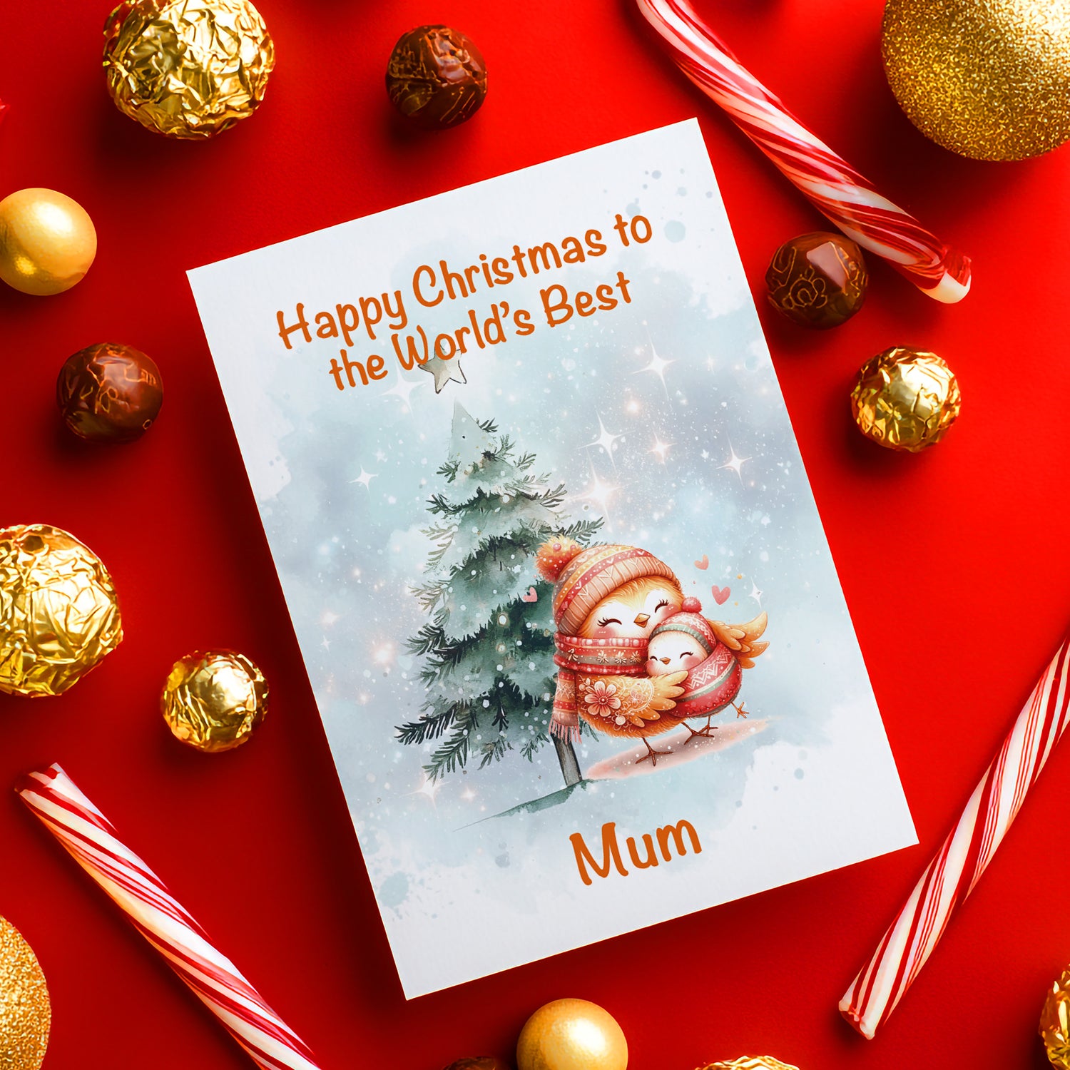 Christmas card with a child and tree illustration, surrounded by festive decorations on a red background.