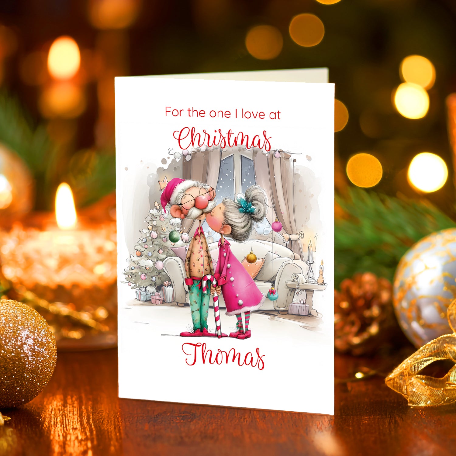 Christmas card with a couple by a window, surrounded by festive decorations.