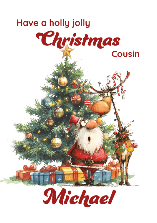 Christmas card with Santa Claus and reindeer by a decorated tree, personalized for 'Cousin Michael'.