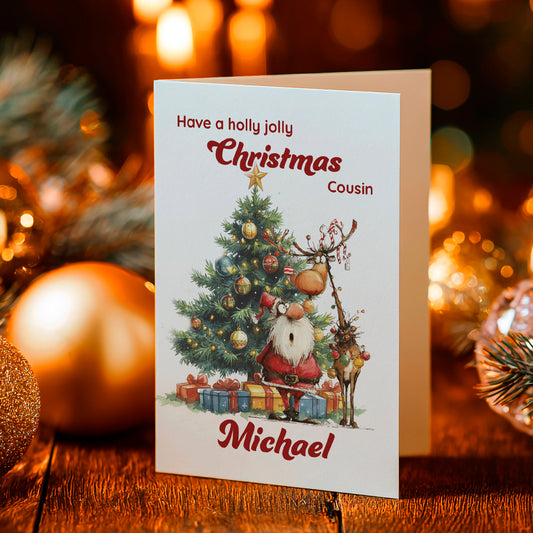 Christmas card with Santa Claus and reindeer in front of a decorated tree, surrounded by festive decorations.