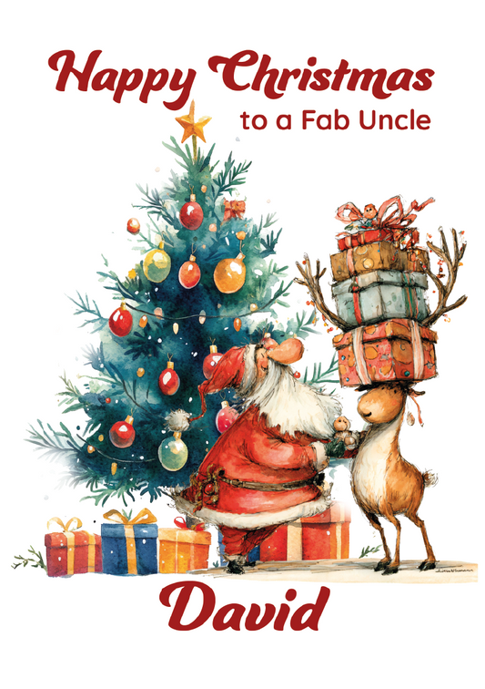 Christmas card with Santa and reindeer near a decorated tree, featuring 'Happy Christmas to a Fab Uncle David'.