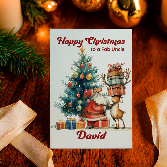 Christmas card with Santa and reindeer on a wooden surface with festive decorations.