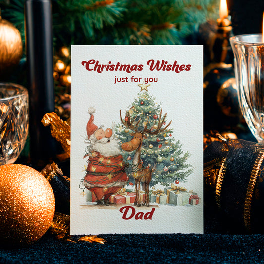 Christmas card with Santa Claus and reindeer by a decorated tree, surrounded by festive decorations.
