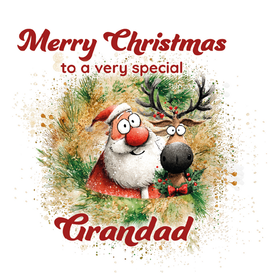 Cartoon reindeer and Santa Claus with 'Merry Christmas to a very special Grandad' text on a white background.