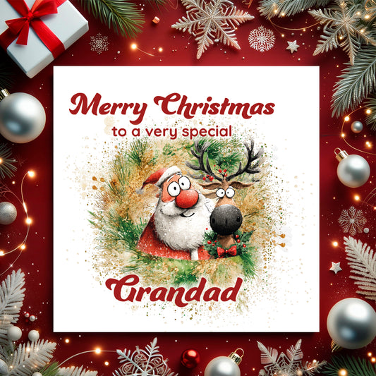Christmas card with Santa Claus and reindeer, surrounded by festive decorations on a red background.