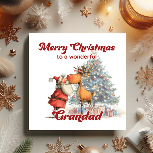 Christmas card with Santa Claus and reindeer in front of a decorated tree, surrounded by festive decorations.
