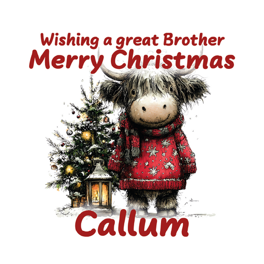 Cartoon bull in a red sweater standing next to a Christmas tree with text 'Wishing a great Brother Merry Christmas Callum' on a white background.