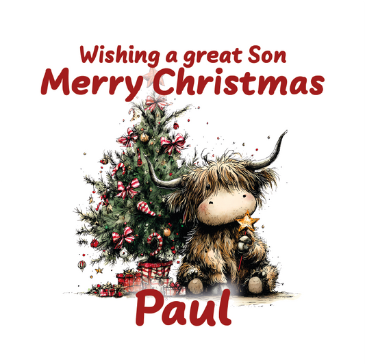 Christmas card with a cartoon cow and decorated tree, wishing a great son Merry Christmas to Paul.