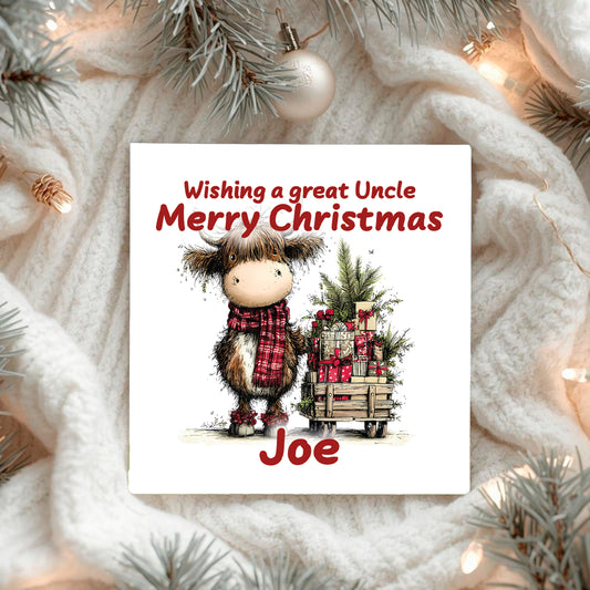 Christmas card with a cartoon cow with a cart full of presents and text 'Wishing a great Uncle Merry Christmas Joe' on a decorative background.