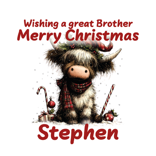 Christmas card with a Highland cow wearing a plaid scarf, surrounded by festive decorations and text.