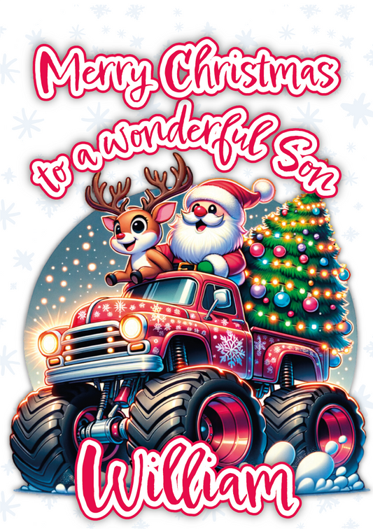 santa and reindeer on a monster truck with a a fully decorated Christmas tree on the back 