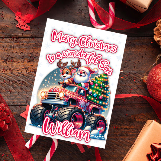 Christmas card with Santa and reindeer on a truck, surrounded by festive decorations on a wooden surface.