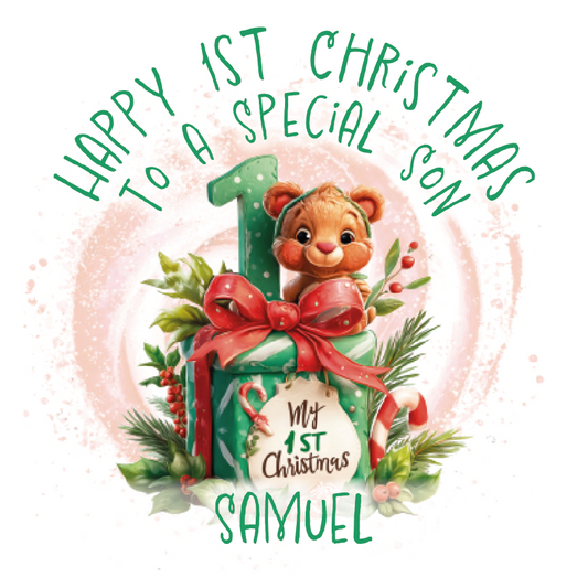 Christmas-themed card with a bear and gift, celebrating a first Christmas for a special son named Samuel.