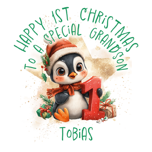 Illustration of a penguin wearing a Santa hat with text 'Happy 1st Christmas to a special grandson Tobias' on a white background.