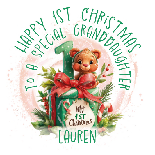 Christmas-themed card with a bear and gift, celebrating a special granddaughter's first Christmas.