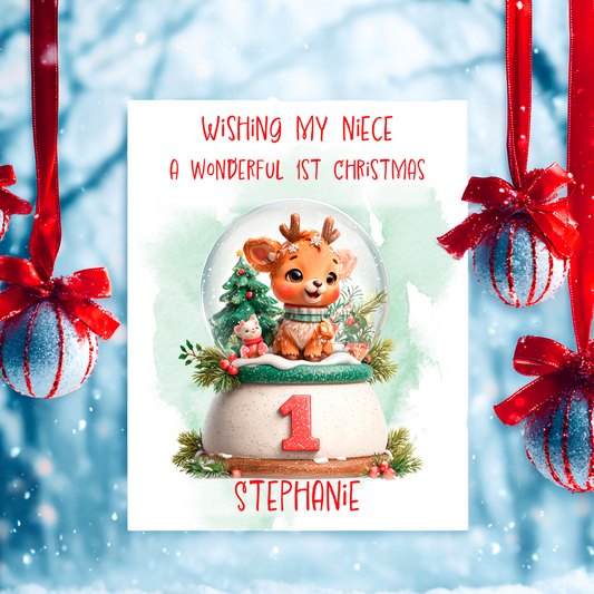 Christmas card with a reindeer in a snow globe, surrounded by festive decorations.