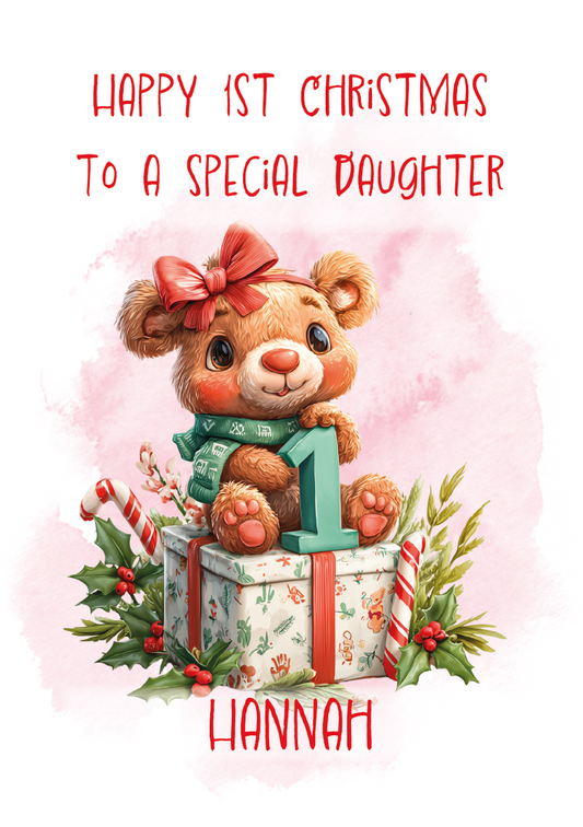 Christmas card with a teddy bear and text 'Happy 1st Christmas to a special daughter' on a pink background.