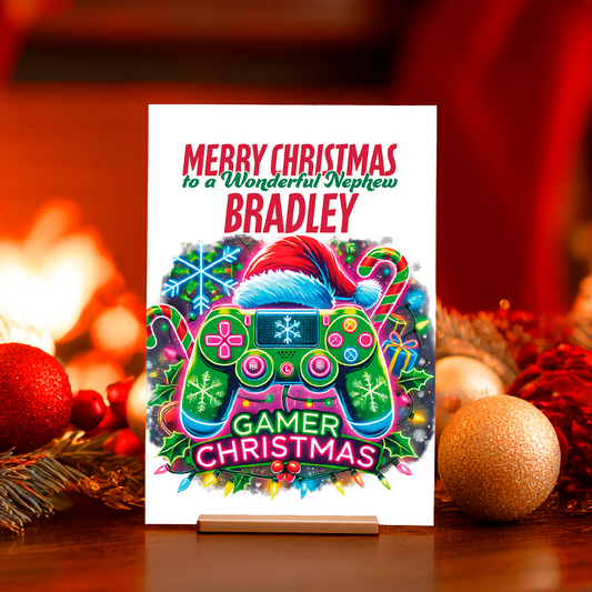 Christmas card with colorful gaming controller design and text 'Merry Christmas to a Wonderful Nephew Bradley' on a festive background.