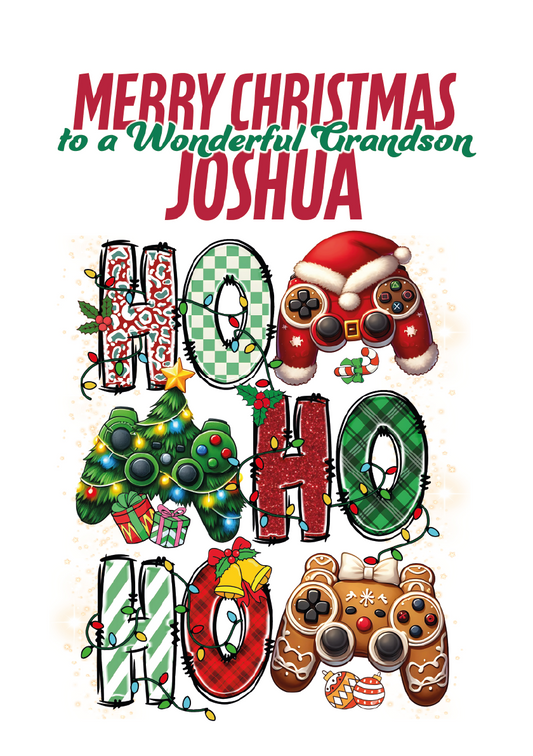 Christmas-themed card with 'Merry Christmas to a Wonderful Grandson Joshua' and festive graphics.