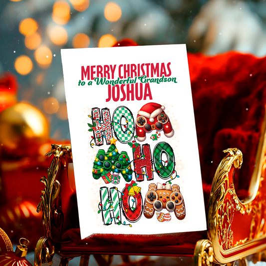 Personalized Christmas card for a grandson with festive text and graphics, set against a blurred Christmas-themed background.