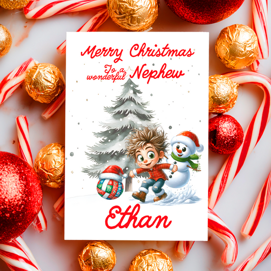 Christmas card with a boy and snowman playing in the snow, surrounded by festive decorations on a white background.