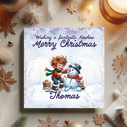 Christmas card with a child and snowman on a snowy background, surrounded by festive decorations.