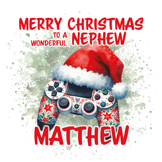 Christmas-themed controller with Santa hat and text 'Merry Christmas to a wonderful nephew Matthew' on a white background.