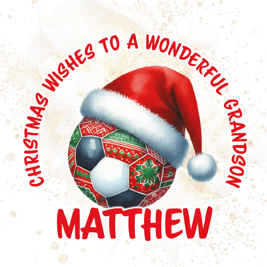 Christmas card with an image of a festive football wearing a Santa hat