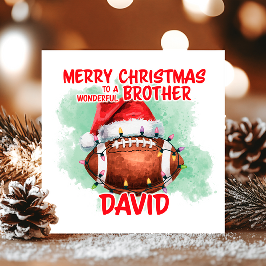 hristmas card with an American football, Santa hat, and lights on a decorative background