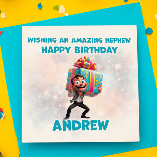 Birthday card with a cartoon character holding a gift, text 'Wishing an amazing nephew Happy Birthday' and name 'Andrew'.