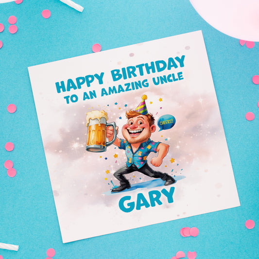 Birthday card with cartoon character holding a beer, text 'Happy Birthday to an amazing uncle Gary' on a blue background with confetti.
