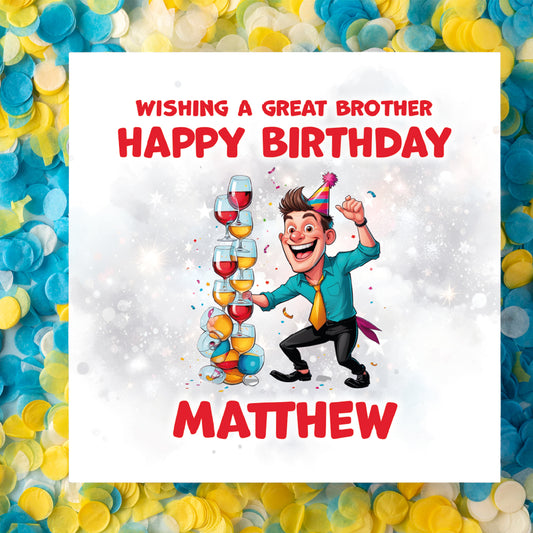 Birthday card with cartoon character and colorful text on a confetti background