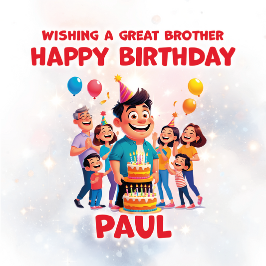Birthday card with a cartoon character holding a cake and the text 'Wishing a great brother happy birthday PAUL' on a light background.
