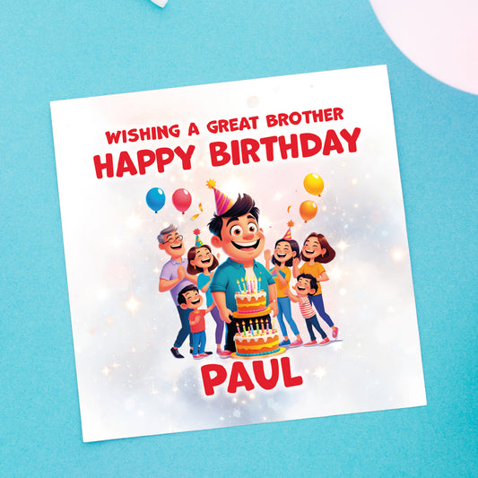 Birthday card with a cartoon character and balloons on a blue background