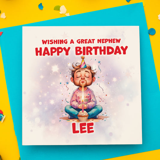 Birthday card for a great nephew with cartoon character blowing out a candle on a cupcake, surrounded by confetti.