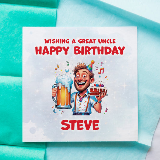 Birthday card for Steve with a cartoon uncle holding a beer and cake on a turquoise background