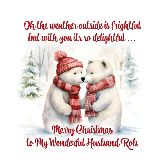 Two polar bears looking at each other with love, wearing scarves and hats with a Christmas message on a snowy background.