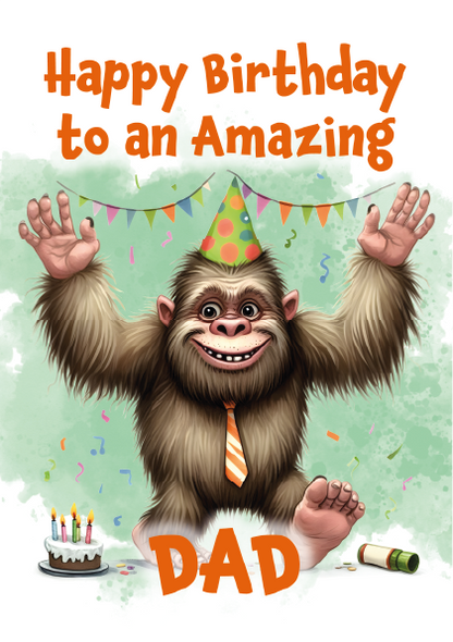 Birthday card with cartoon monkey wearing a party hat and tie, surrounded by birthday elements on a light green background.