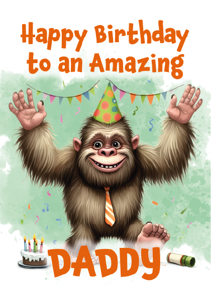 Birthday card with a cartoon monkey wearing a party hat and tie, celebrating 'Happy Birthday to an Amazing Daddy'.