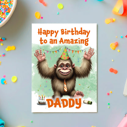 Birthday card with cartoon monkey wearing a party hat and cake, surrounded by confetti and streamers.