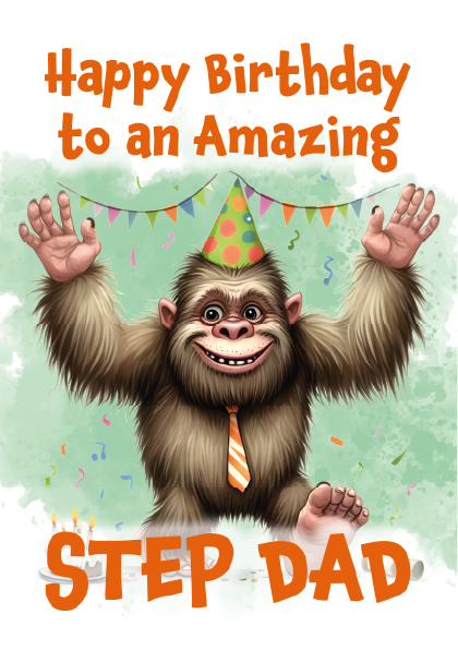 Birthday card with a cartoon monkey wearing a party hat and tie, celebrating an amazing step dad.