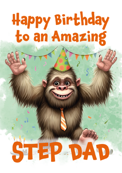 Birthday card with a cartoon monkey wearing a party hat and tie, celebrating an amazing step dad.