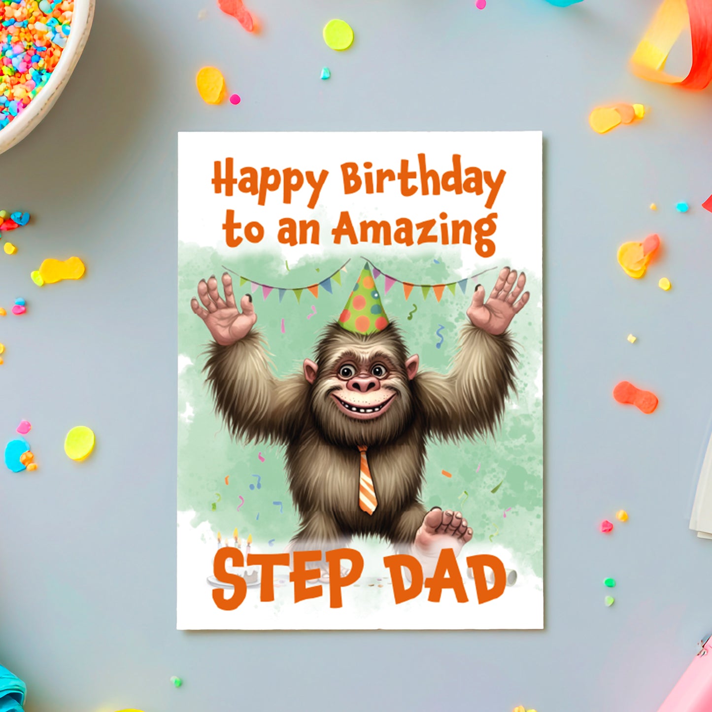 Birthday card with a cartoon monkey wearing a party hat and tie, surrounded by colorful confetti and streamers.