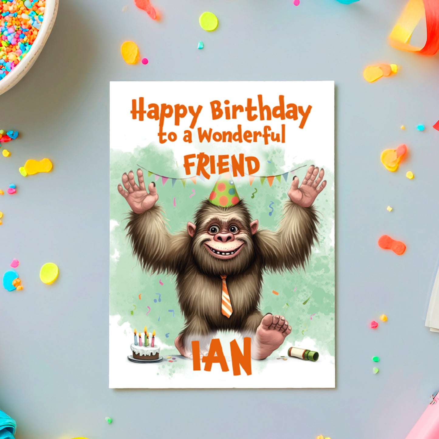 Birthday card with cartoon monkey wearing a party hat and tie, surrounded by confetti and streamers.