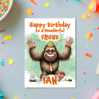 Birthday card with cartoon monkey wearing a party hat and tie, surrounded by confetti and streamers.