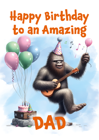 Birthday card with a cartoon gorilla playing guitar, surrounded by balloons and a cake, with 'Happy Birthday to an Amazing Dad' text.